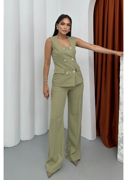 Kadın Ikili Alt Üst Takım Şık Düğme Detaylı Kare Yaka Yelek Pantolon Takım fırsatları