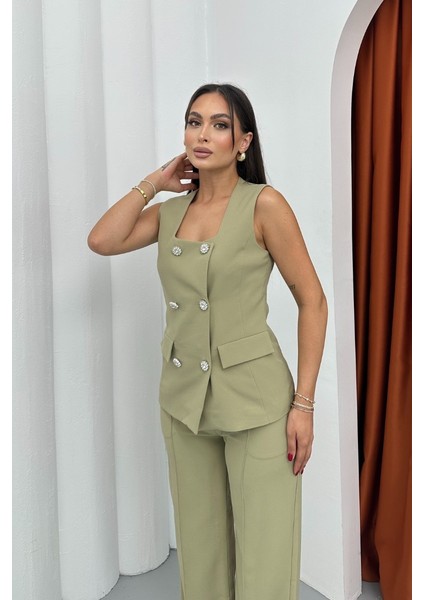 Kadın Ikili Alt Üst Takım Şık Düğme Detaylı Kare Yaka Yelek Pantolon Takım indirimleri