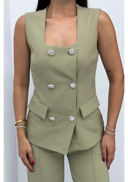 Kadın Ikili Alt Üst Takım Şık Düğme Detaylı Kare Yaka Yelek Pantolon Takım