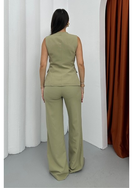 Kadın Ikili Alt Üst Takım Şık Düğme Detaylı Kare Yaka Yelek Pantolon Takım