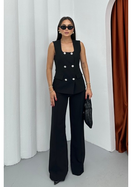 Kadın Ikili Alt Üst Takım Şık Düğme Detaylı Kare Yaka Yelek Pantolon Takım