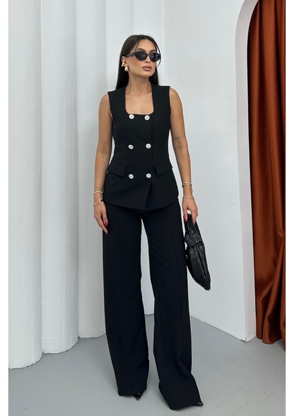Kadın Ikili Alt Üst Takım Şık Düğme Detaylı Kare Yaka Yelek Pantolon Takım fiyatları