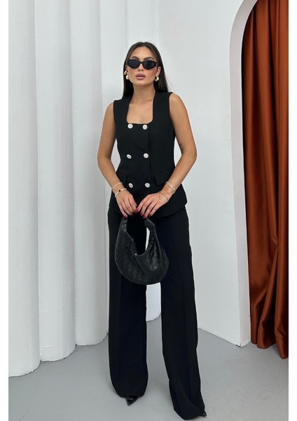 Kadın Ikili Alt Üst Takım Şık Düğme Detaylı Kare Yaka Yelek Pantolon Takım modelleri