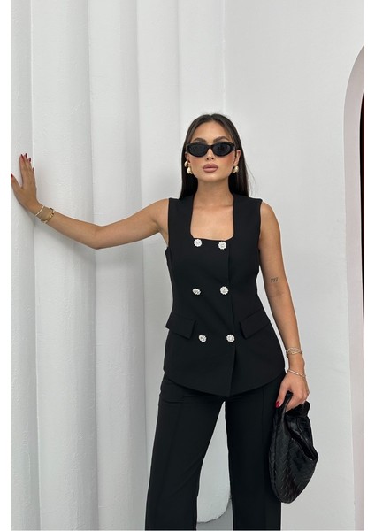 Kadın Ikili Alt Üst Takım Şık Düğme Detaylı Kare Yaka Yelek Pantolon Takım fırsatları