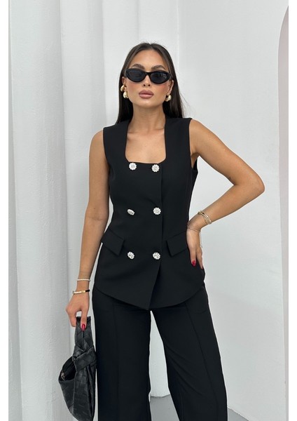 Kadın Ikili Alt Üst Takım Şık Düğme Detaylı Kare Yaka Yelek Pantolon Takım indirimleri