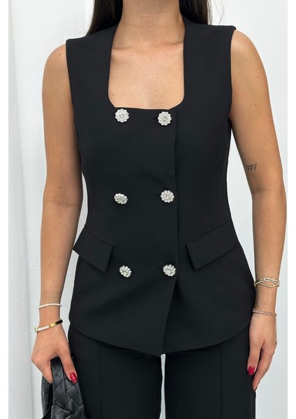 Kadın Ikili Alt Üst Takım Şık Düğme Detaylı Kare Yaka Yelek Pantolon Takım