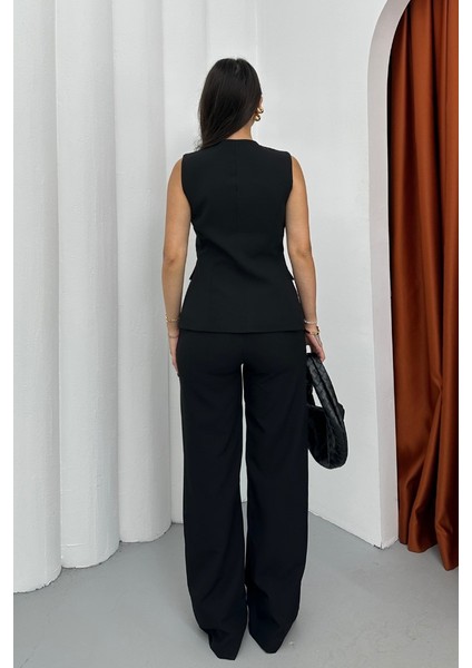 Kadın Ikili Alt Üst Takım Şık Düğme Detaylı Kare Yaka Yelek Pantolon Takım