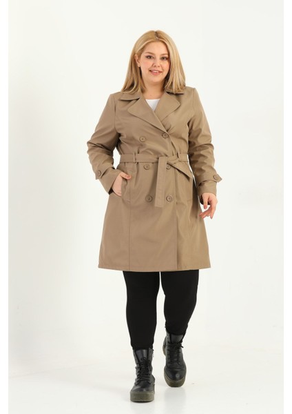 Kadın Suya Dayanıklı Büyük Beden Trençkot Kemerli Kruvaze Trençkot Bonded Kumaş Astarlı Lacivert