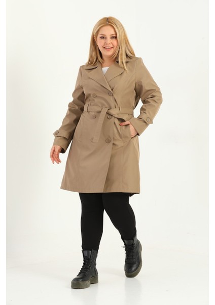 Kadın Suya Dayanıklı Büyük Beden Trençkot Kemerli Kruvaze Trençkot Bonded Kumaş Astarlı Lacivert modelleri