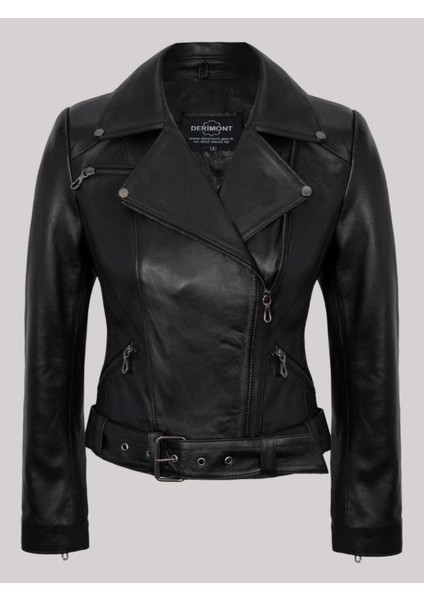 Hakiki Deri Siyah Kemerli Cepli Fermuarlı Kadın Deri Ceket