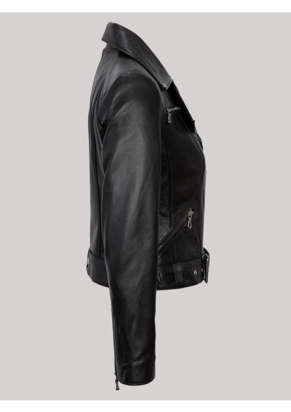 Hakiki Deri Siyah Kemerli Cepli Fermuarlı Kadın Deri Ceket modelleri