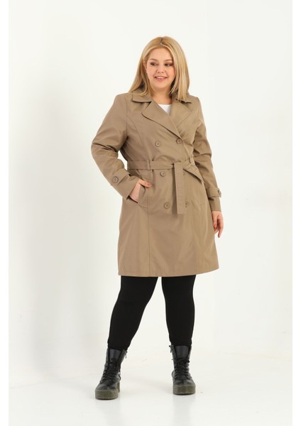 Kadın Suya Dayanıklı Büyük Beden Trençkot Kemerli Kruvaze Trençkot Bonded Kumaş Astarlı Lacivert fırsatları