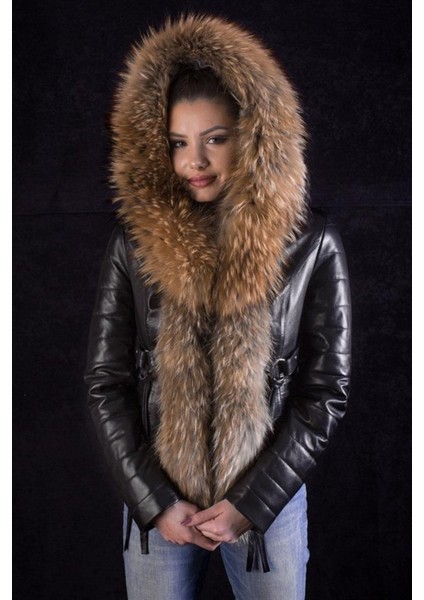 Hakiki Deri Siyah Kemerli Kürklü Kadın Ceket