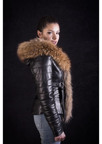 Hakiki Deri Siyah Kemerli Kürklü Kadın Ceket fiyatları
