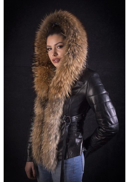 Hakiki Deri Siyah Kemerli Kürklü Kadın Ceket modelleri