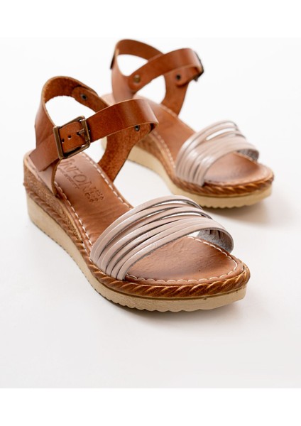 Bayan Sandalet 731-07 Bej Ortopedik Hakiki Deri Dolgu Kadın Sandalet