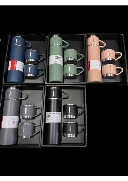 Üç Bardaklı Vacuum Flask Set Özel Kutulu Paslanmaz Çelik Termos Seti 500 ml