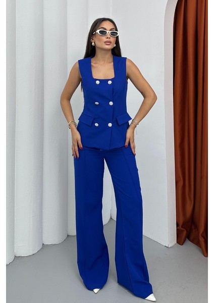 Kadın Ikili Alt Üst Takım Şık Düğme Detaylı Kare Yaka Yelek Pantolon Takım