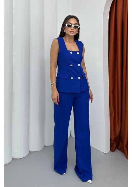 Kadın Ikili Alt Üst Takım Şık Düğme Detaylı Kare Yaka Yelek Pantolon Takım fiyatları