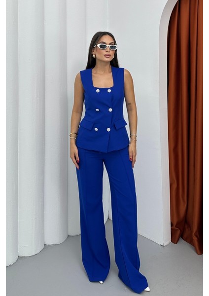 Kadın Ikili Alt Üst Takım Şık Düğme Detaylı Kare Yaka Yelek Pantolon Takım modelleri