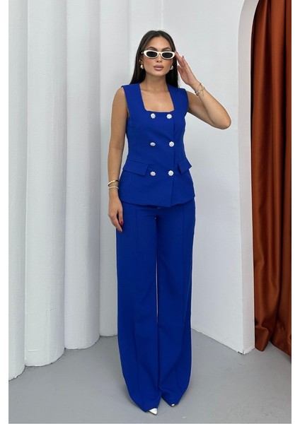 Kadın Ikili Alt Üst Takım Şık Düğme Detaylı Kare Yaka Yelek Pantolon Takım fırsatları