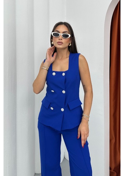 Kadın Ikili Alt Üst Takım Şık Düğme Detaylı Kare Yaka Yelek Pantolon Takım indirimleri