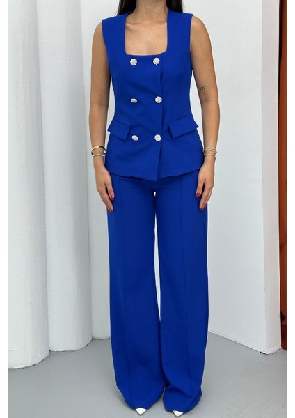 Kadın Ikili Alt Üst Takım Şık Düğme Detaylı Kare Yaka Yelek Pantolon Takım