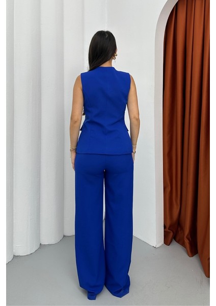 Kadın Ikili Alt Üst Takım Şık Düğme Detaylı Kare Yaka Yelek Pantolon Takım