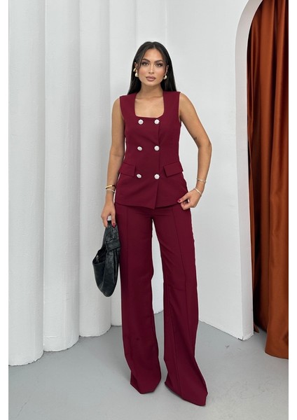 Kadın Ikili Alt Üst Takım Şık Düğme Detaylı Kare Yaka Yelek Pantolon Takım