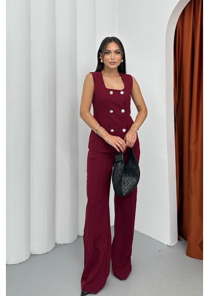 Kadın Ikili Alt Üst Takım Şık Düğme Detaylı Kare Yaka Yelek Pantolon Takım fiyatları