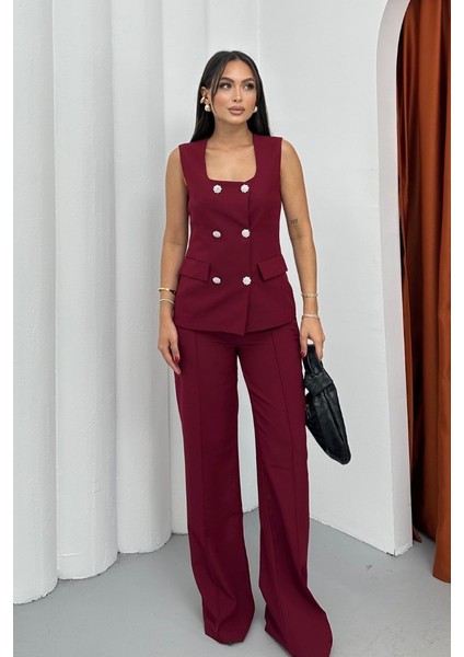 Kadın Ikili Alt Üst Takım Şık Düğme Detaylı Kare Yaka Yelek Pantolon Takım modelleri