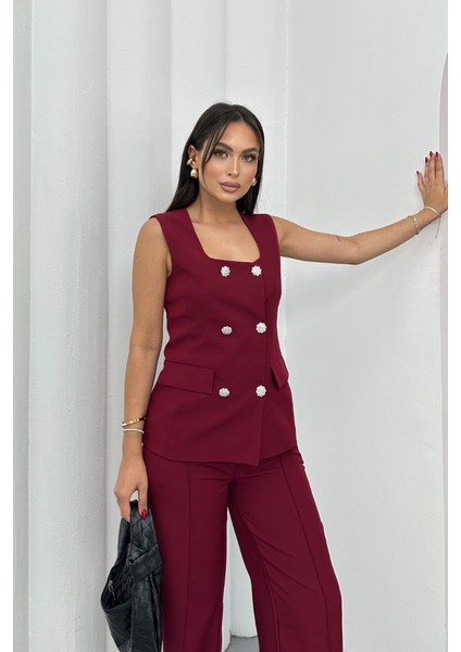 Kadın Ikili Alt Üst Takım Şık Düğme Detaylı Kare Yaka Yelek Pantolon Takım fırsatları