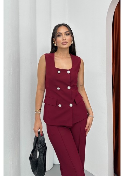 Kadın Ikili Alt Üst Takım Şık Düğme Detaylı Kare Yaka Yelek Pantolon Takım indirimleri