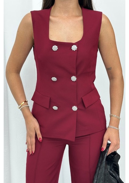 Kadın Ikili Alt Üst Takım Şık Düğme Detaylı Kare Yaka Yelek Pantolon Takım