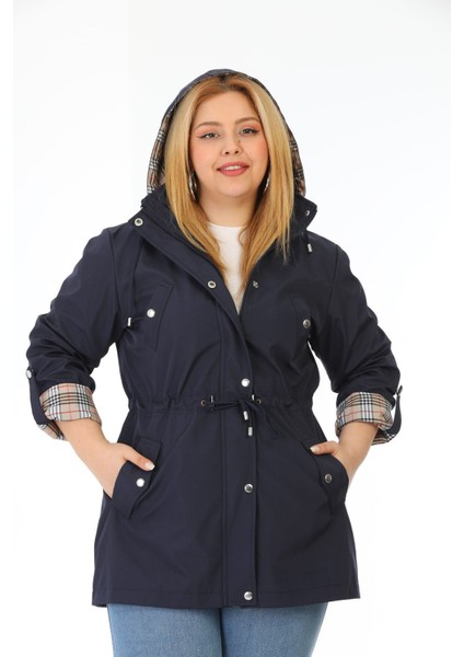 Kadın Suya Dayanıklı Büyük Beden Trençkot Kapüşonlu Ekoseli Haki Trençkot Bonded Kumaş Trençkot fiyatları