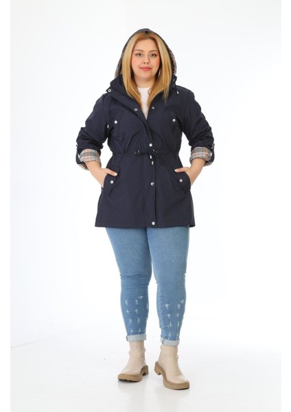 Kadın Suya Dayanıklı Büyük Beden Trençkot Kapüşonlu Ekoseli Haki Trençkot Bonded Kumaş Trençkot modelleri