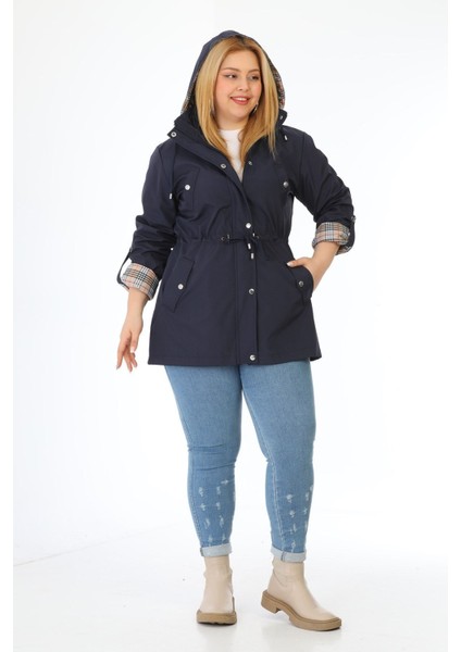 Kadın Suya Dayanıklı Büyük Beden Trençkot Kapüşonlu Ekoseli Haki Trençkot Bonded Kumaş Trençkot fırsatları