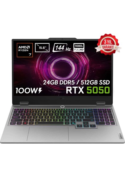 LOQ 15AHP10 AMD Ryzen 7-250 24GB DDR5 512GB SSD RTX5050 8GB 100W 15.6 inç Full HD 144Hz IPS FreeDos Gaming Laptop (83JG006CTR)