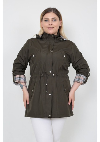 Kadın Suya Dayanıklı Büyük Beden Trençkot Kapüşonlu Ekoseli Haki Trençkot Bonded Kumaş Trençkot
