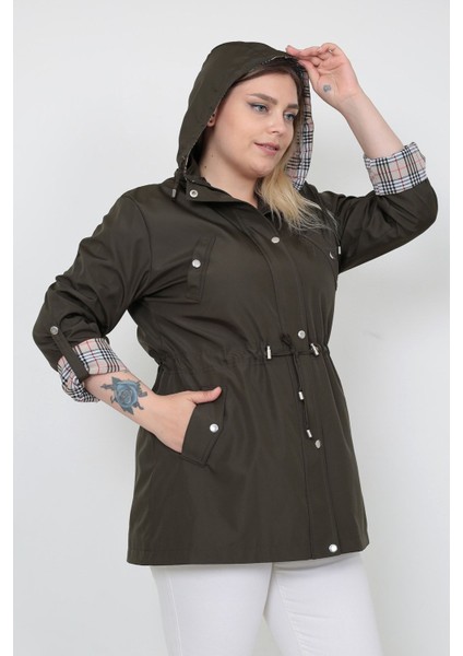 Kadın Suya Dayanıklı Büyük Beden Trençkot Kapüşonlu Ekoseli Haki Trençkot Bonded Kumaş Trençkot fiyatları