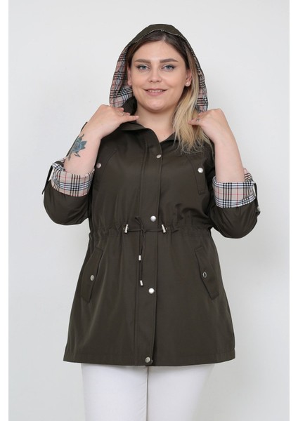 Kadın Suya Dayanıklı Büyük Beden Trençkot Kapüşonlu Ekoseli Haki Trençkot Bonded Kumaş Trençkot modelleri