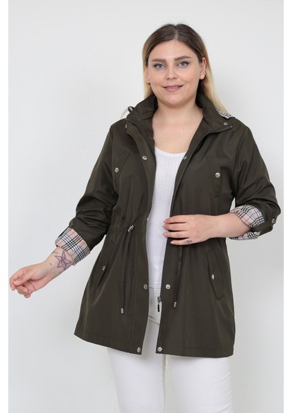 Kadın Suya Dayanıklı Büyük Beden Trençkot Kapüşonlu Ekoseli Haki Trençkot Bonded Kumaş Trençkot fırsatları