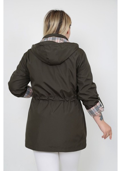 Kadın Suya Dayanıklı Büyük Beden Trençkot Kapüşonlu Ekoseli Haki Trençkot Bonded Kumaş Trençkot indirimleri