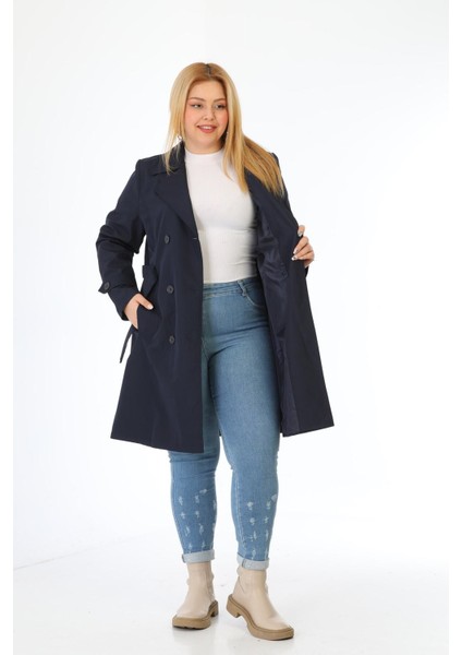 Kadın Suya Dayanıklı Büyük Beden Trençkot Kemerli Kruvaze Trençkot Bonded Kumaş Astarlı Lacivert fırsatları