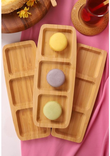3 Bölmeli Bambu Dikdörtgen Servis Tabağı – Kahvaltı, Atıştırmalık ve Sunum Tepsisi