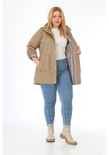 Kadın Suya Dayanıklı Büyük Beden Trençkot Kapüşonlu Ekoseli Haki Trençkot Bonded Kumaş Trençkot