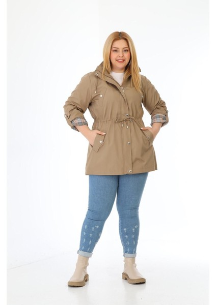 Kadın Suya Dayanıklı Büyük Beden Trençkot Kapüşonlu Ekoseli Haki Trençkot Bonded Kumaş Trençkot fiyatları