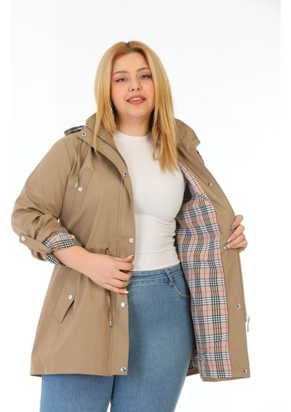 Kadın Suya Dayanıklı Büyük Beden Trençkot Kapüşonlu Ekoseli Haki Trençkot Bonded Kumaş Trençkot modelleri