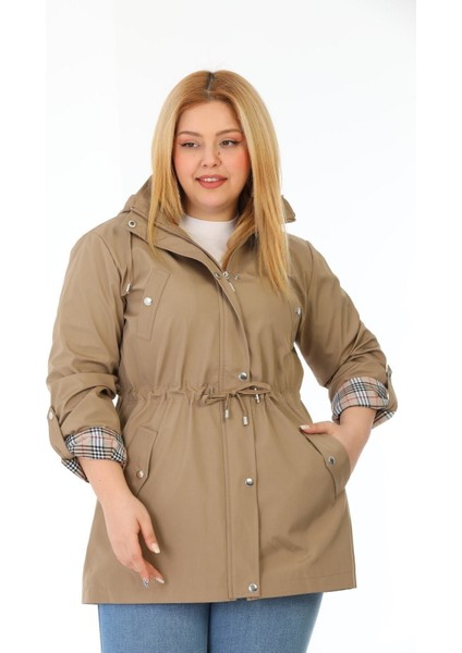 Kadın Suya Dayanıklı Büyük Beden Trençkot Kapüşonlu Ekoseli Haki Trençkot Bonded Kumaş Trençkot fırsatları