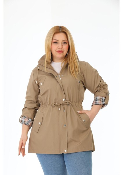 Kadın Suya Dayanıklı Büyük Beden Trençkot Kapüşonlu Ekoseli Haki Trençkot Bonded Kumaş Trençkot indirimleri
